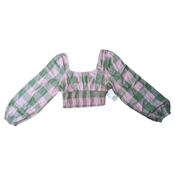 NWT BP Pink & Green Buffalo Check Long Sleeve Crop Top - Picture 1 of 5